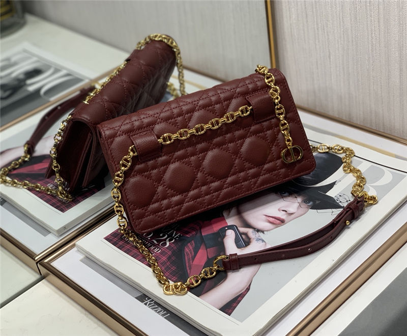 Dior CARO BELT POUCH WITH CHAIN Supple Cannage Calfskin Burgundy High