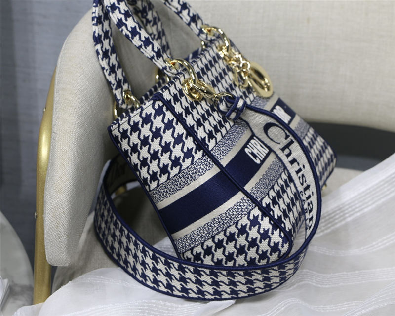 MEDIUM LADY D-LITE BAG Houndstooth Embroidery Blue High