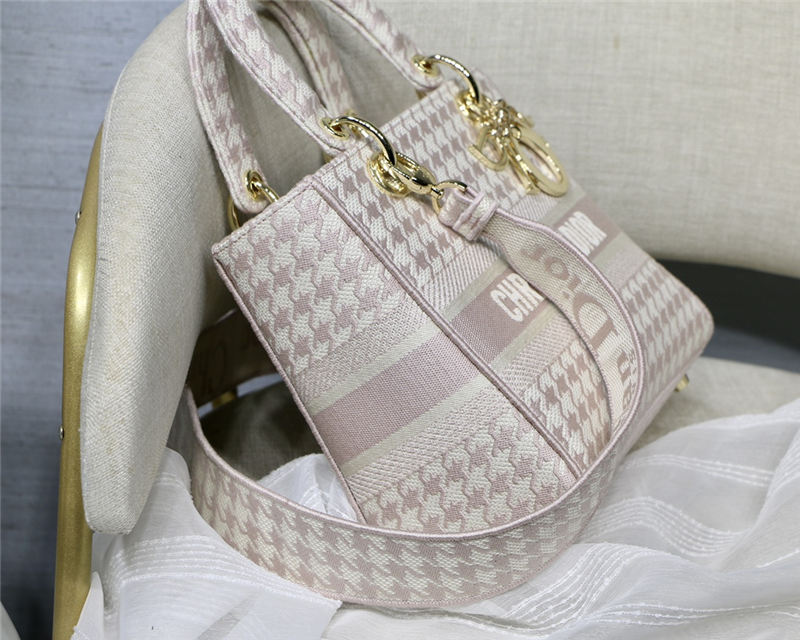 MEDIUM LADY D-LITE BAG Houndstooth Embroidery Pink High