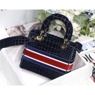 MEDIUM LADY D-LITE BAG Crocodile-Effect Embroidered Velvet Blue High