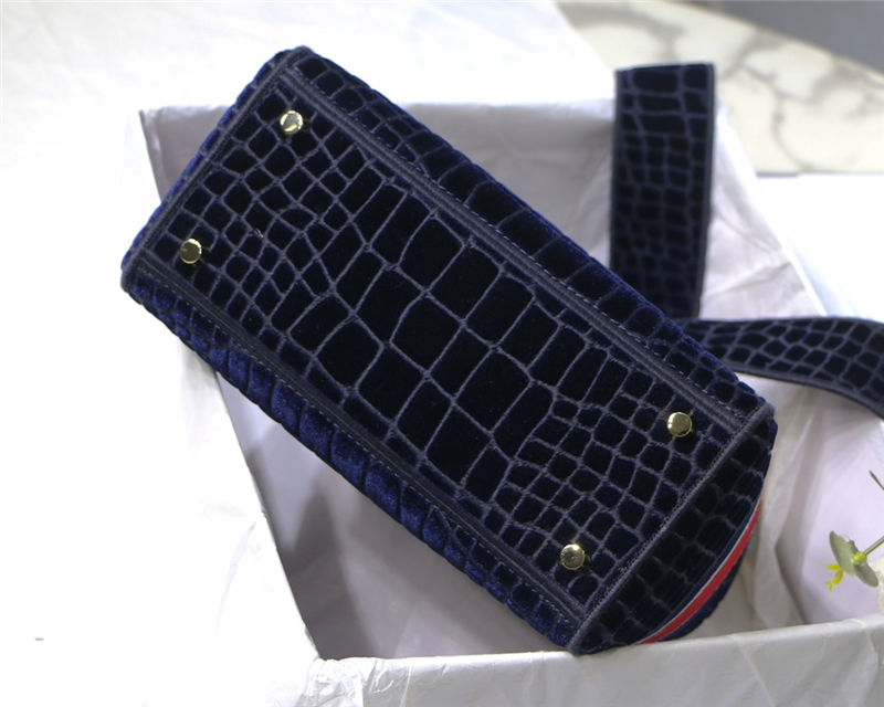 MEDIUM LADY D-LITE BAG Crocodile-Effect Embroidered Velvet Blue High