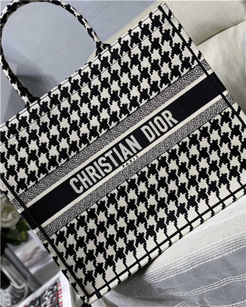 LARGE Dior BOOK TOTE Houndstooth Embroidery Black and White High