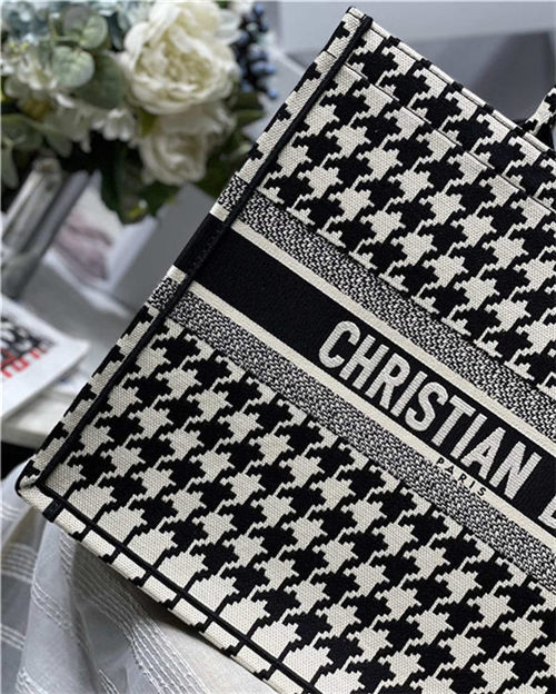 LARGE Dior BOOK TOTE Houndstooth Embroidery Black and White High