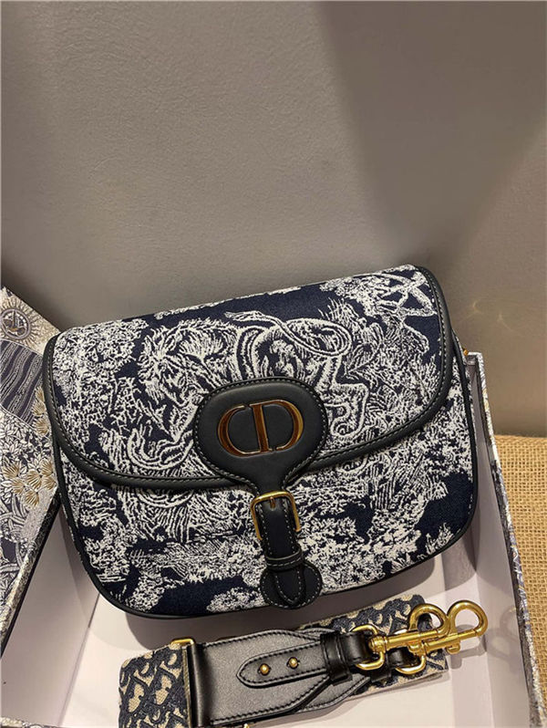 LARGE Dior BOBBY BAG Toile De Jouy Reverse with Blue Dior Oblique Embroidered Strap Blue High