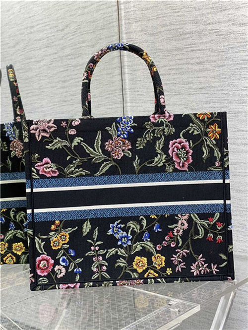 LARGE Dior BOOK TOTE Dior Petites Fleurs Embroidery Black High