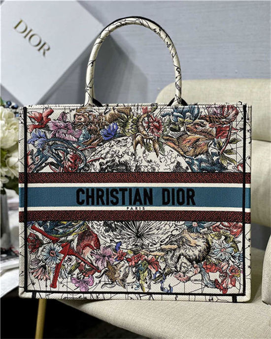 LARGE Dior BOOK TOTE Latte Multicolor Dior Constellation Embroidery High