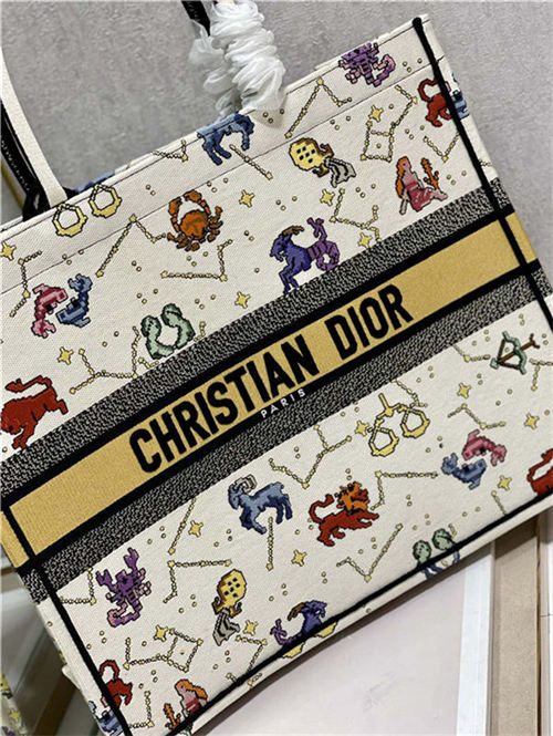 LARGE Dior BOOK TOTE Dior Pixel Zodiac Embroidery White High