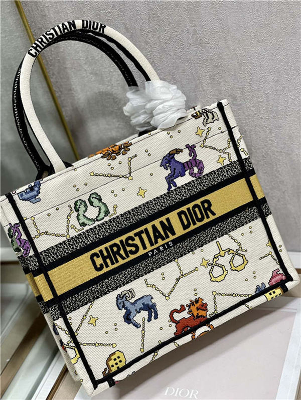 SMALL Dior BOOK TOTE Dior Pixel Zodiac Embroidery White High