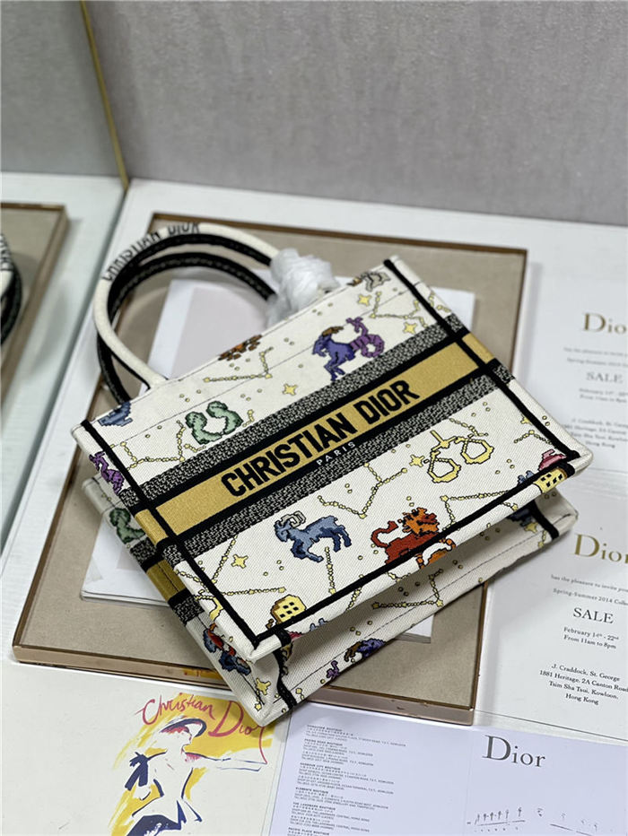 SMALL Dior BOOK TOTE Dior Pixel Zodiac Embroidery White High