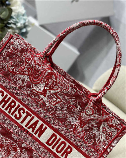 MEDIUM Dior BOOK TOTE Toile de Jouy Reverse Embroidery Red High