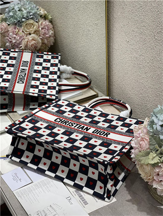 LARGE Dior BOOK TOTE Black, White and Red D-Chess Heart Embroidery High