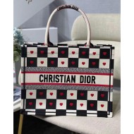 MEDIUM Dior BOOK TOTE Black, White and Red D-Chess Heart Embroidery High