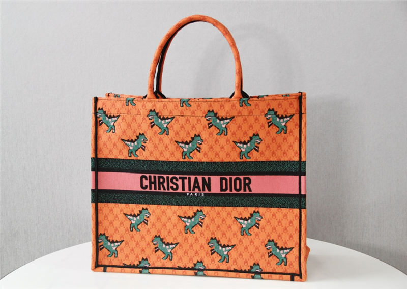 LARGE Dior BOOK TOTE Multicolor Dragon & Fire Embroidery Orange High