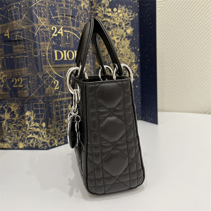 MINI LADY Dior BAG Cannage Lambskin Silver Metal Black High