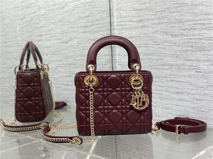 MINI LADY Dior BAG Cannage Lambskin Gold Metal Burgundy High