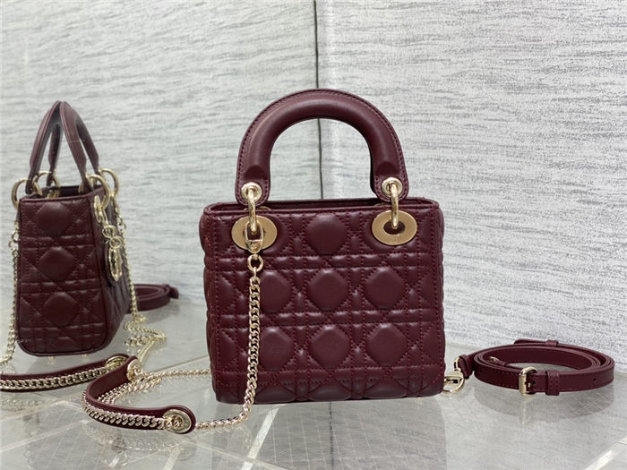 MINI LADY Dior BAG Cannage Lambskin Gold Metal Burgundy High