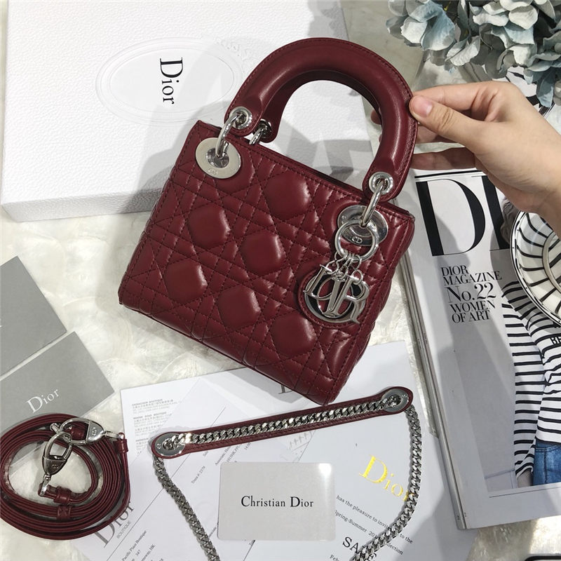 MINI LADY Dior BAG Cannage Lambskin Silver Metal Burgundy High