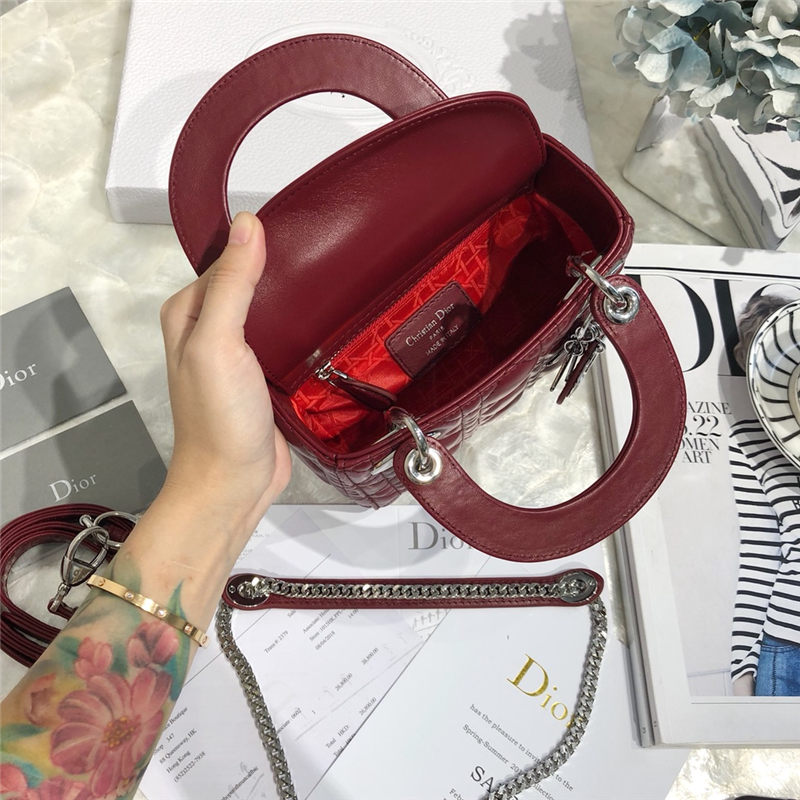 MINI LADY Dior BAG Cannage Lambskin Silver Metal Burgundy High