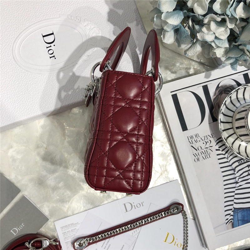 MINI LADY Dior BAG Cannage Lambskin Silver Metal Burgundy High