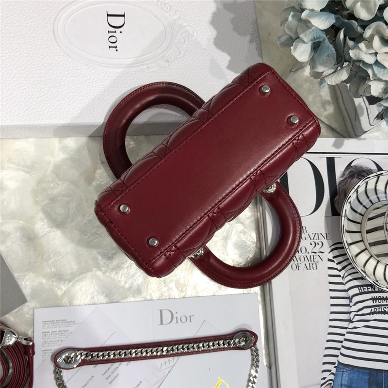 MINI LADY Dior BAG Cannage Lambskin Silver Metal Burgundy High