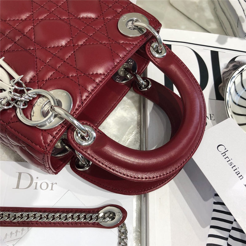 MINI LADY Dior BAG Cannage Lambskin Silver Metal Burgundy High