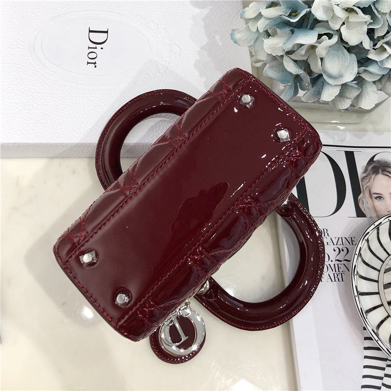 MINI LADY Dior BAG Patent Cannage Calfskin Silver Metal Burgundy High