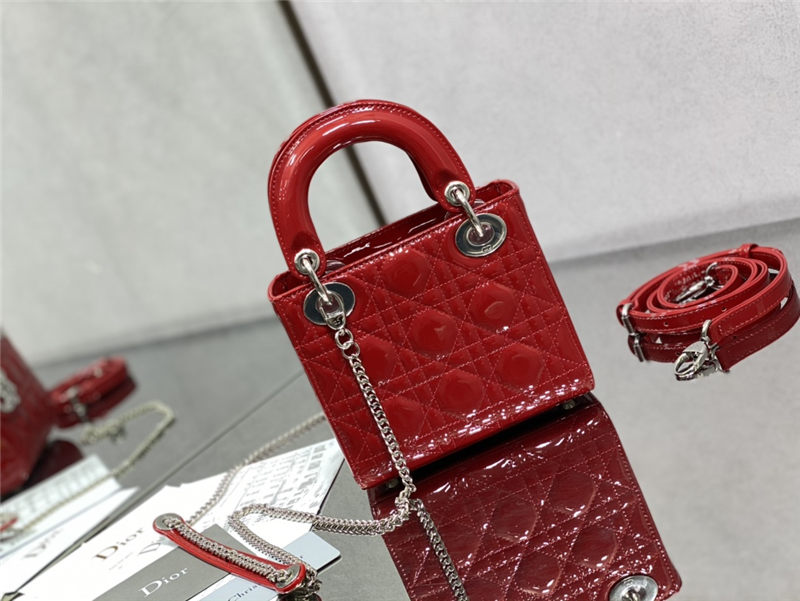 MINI LADY Dior BAG Patent Cannage Calfskin Silver Metal Cherry High