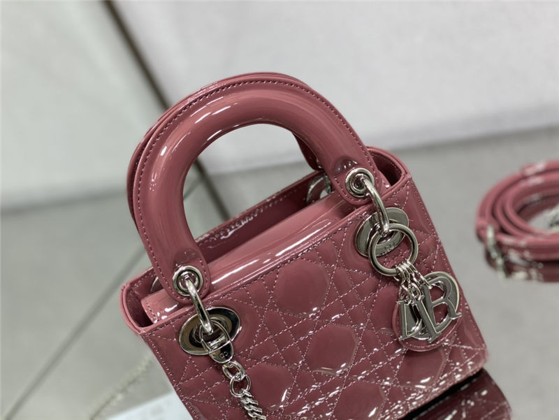 MINI LADY Dior BAG Patent Cannage Calfskin Silver Metal Dusty Pink High