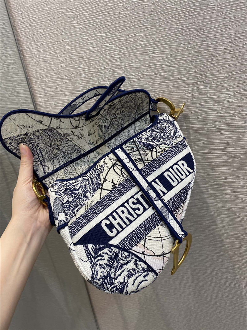 SADDLE BAG Dior Around The World Embroidered Canvas Blue High