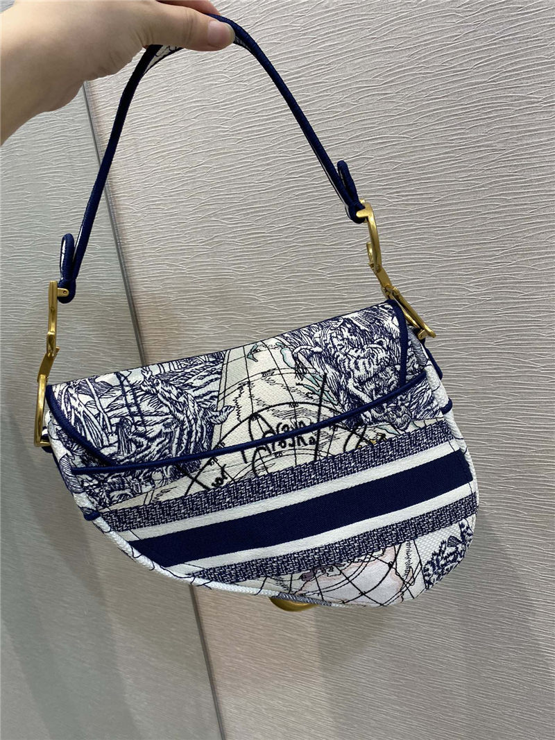 SADDLE BAG Dior Around The World Embroidered Canvas Blue High