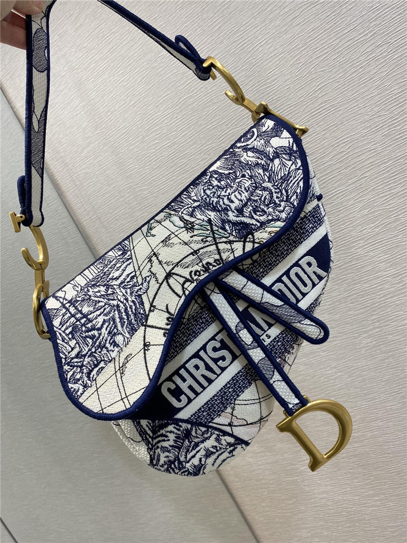 SADDLE BAG Dior Around The World Embroidered Canvas Blue High