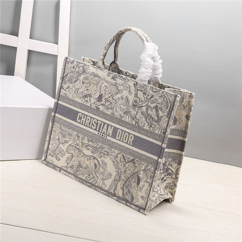 LARGE Dior BOOK TOTE Toile de Jouy Reverse Embroidery Grey High