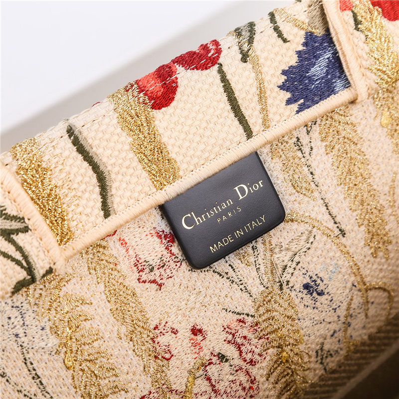 LARGE Dior BOOK TOTE Multicolor Dior Hibiscus Embroidery Beige High