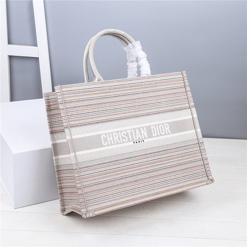 LARGE Dior BOOK TOTE Multicolor Stripes Embroidery High