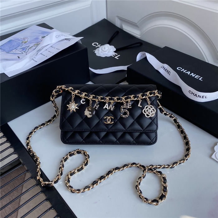 Chanel Wallet on Chain Lambskin Charms & Gold-Tone Metal Black A