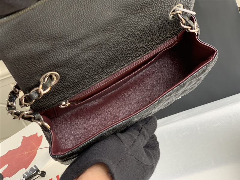 Mini CLASSIC HANDBAG Grained Calfskin Black Inner Burgundy Silver Metal A