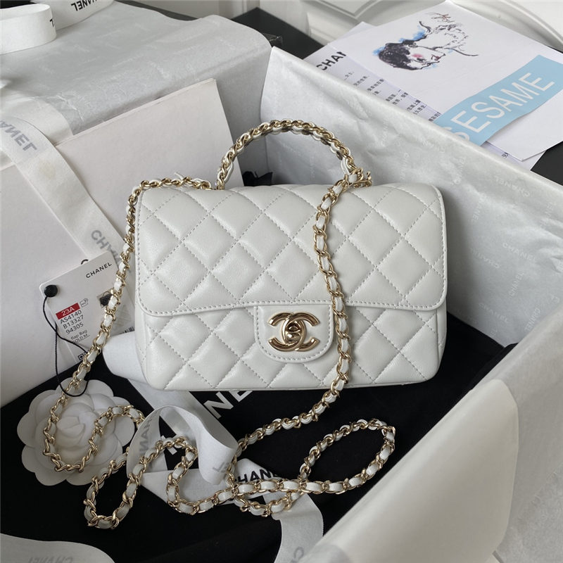 Chanel MINI FLAP BAG With Top Diamond Handle Lambskin & Gold-Tone Metal AS4140 White A