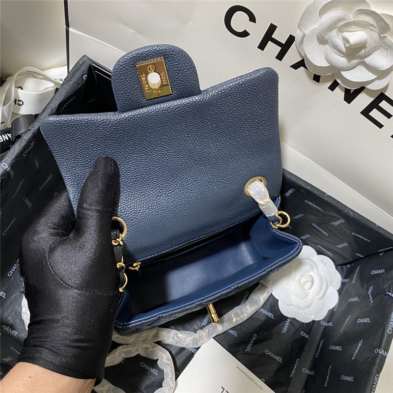 Supermini CLASSIC HANDBAG Grained Calfskin Navy Blue Gold Metal B