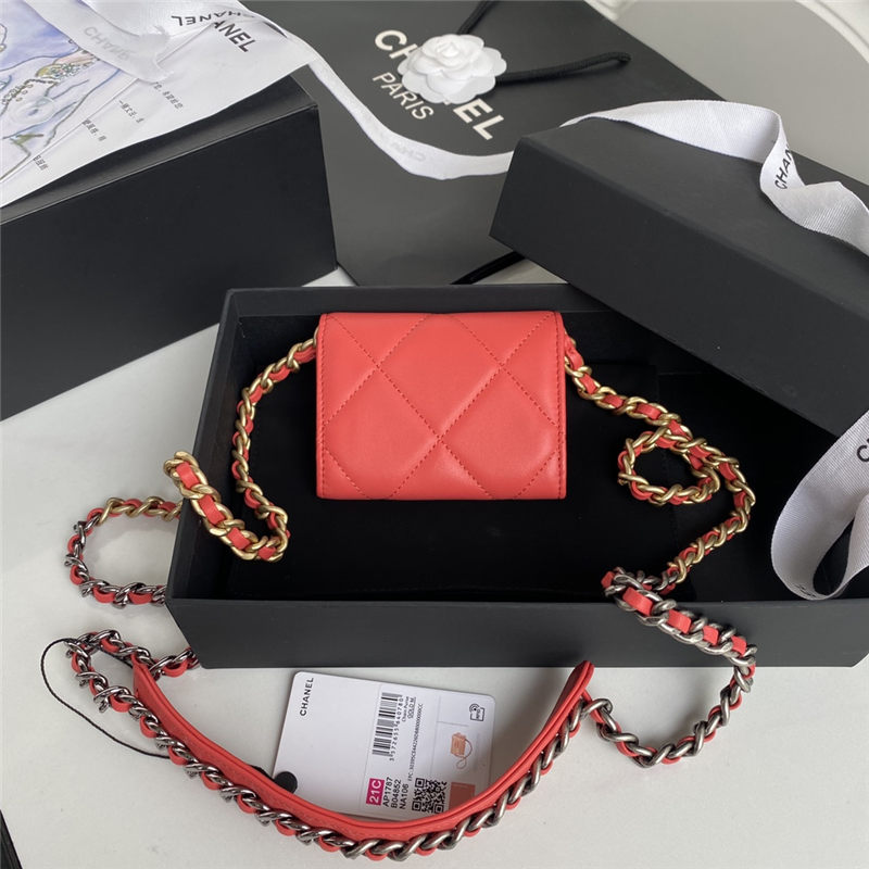 Chanel 19 Flap Coin Purse with Chain Shiny Goatskin Gold Silver Ruthenium-Finish Metal Red A