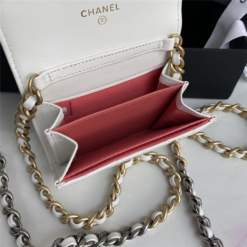 Chanel 19 Flap Coin Purse with Chain Shiny Goatskin Gold Silver Ruthenium-Finish Metal White A