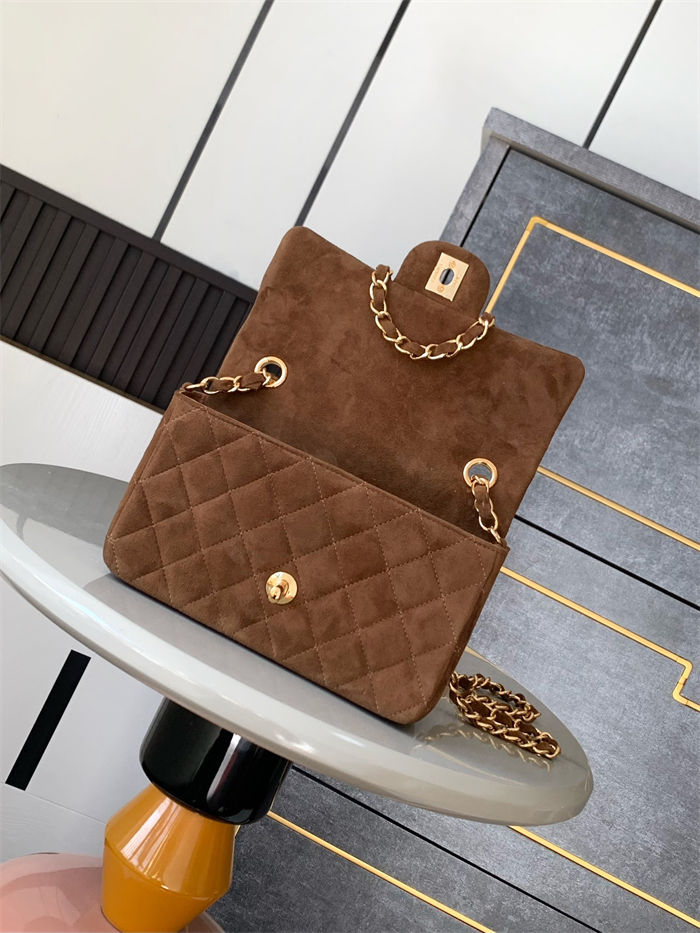 Mini CLASSIC HANDBAG Suede Gold Metal Brown A