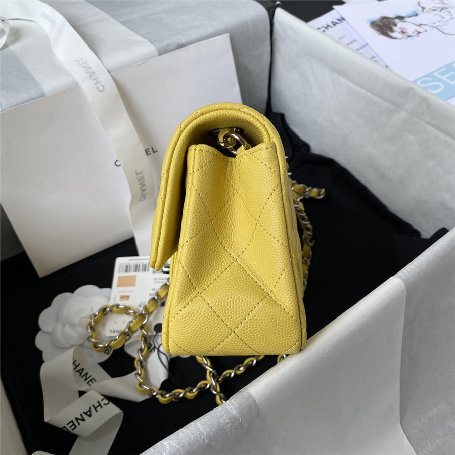 Mini CLASSIC HANDBAG Grained Calfskin Yellow Silver Metal A