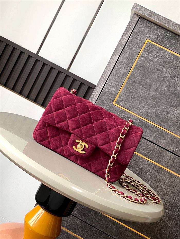 Mini CLASSIC HANDBAG Suede Gold Metal Burgundy  A