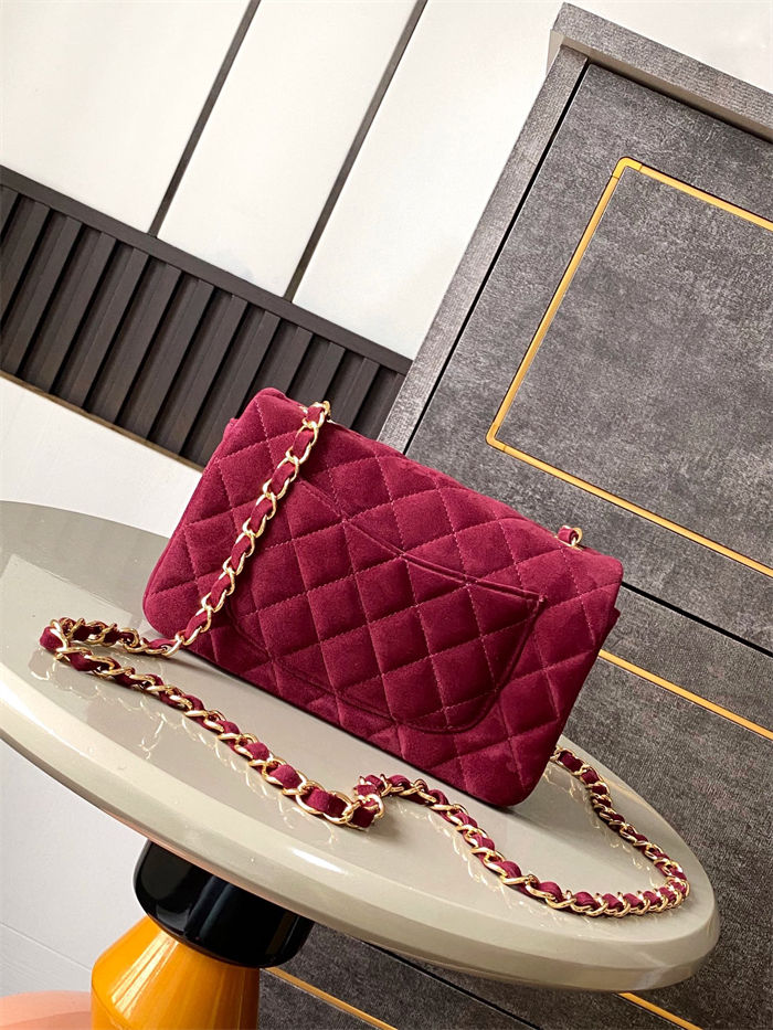 Mini CLASSIC HANDBAG Suede Gold Metal Burgundy  A