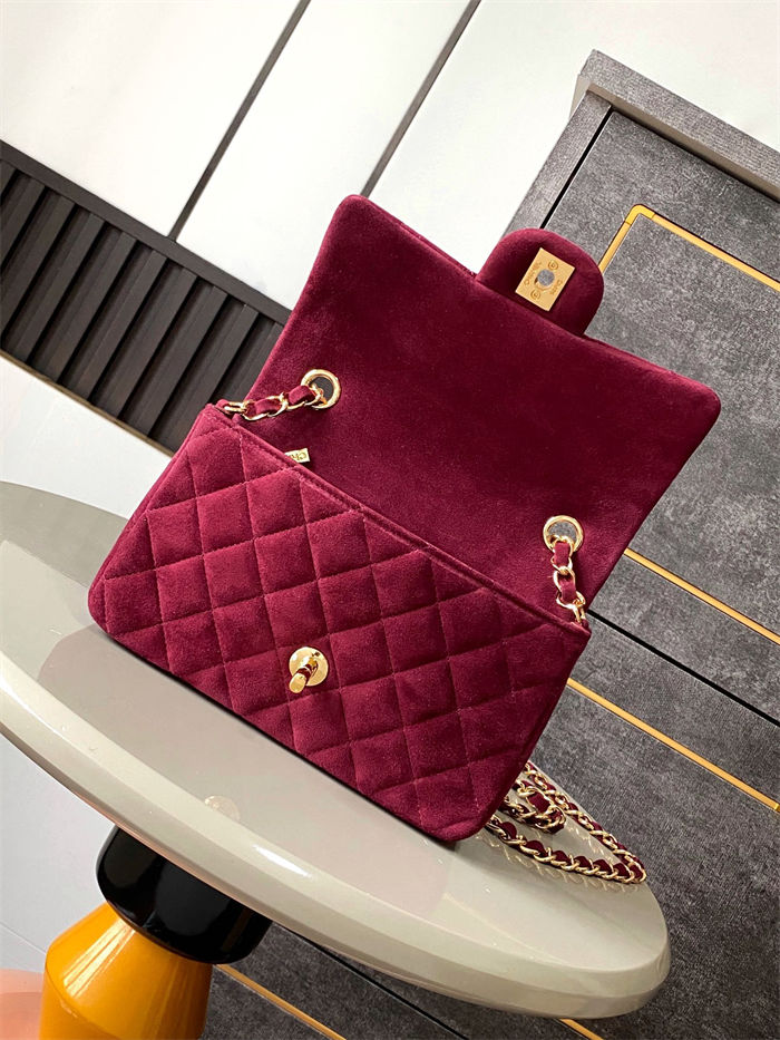 Mini CLASSIC HANDBAG Suede Gold Metal Burgundy  A