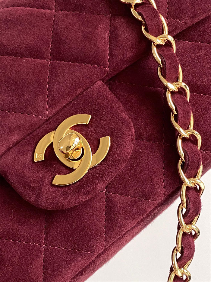 Mini CLASSIC HANDBAG Suede Gold Metal Burgundy  A