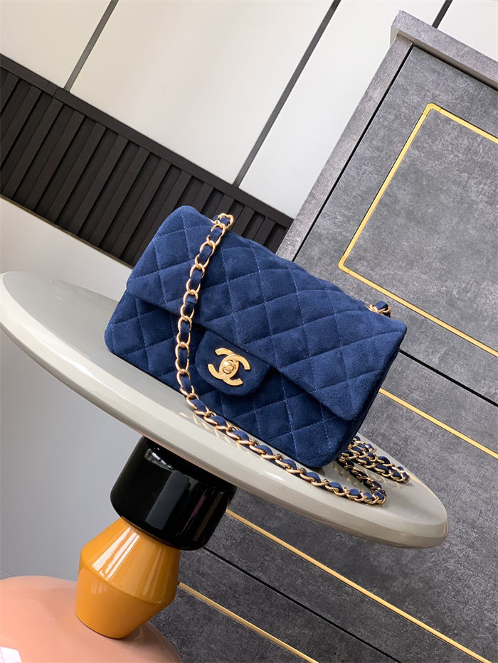 Mini CLASSIC HANDBAG Suede Gold Metal Blue  A