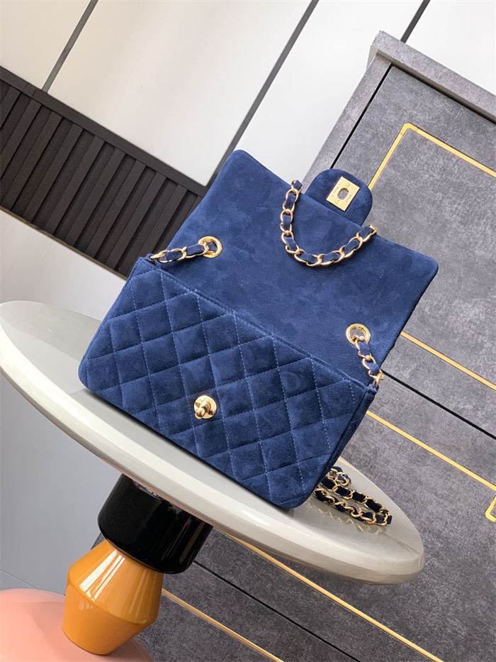 Mini CLASSIC HANDBAG Suede Gold Metal Blue  A