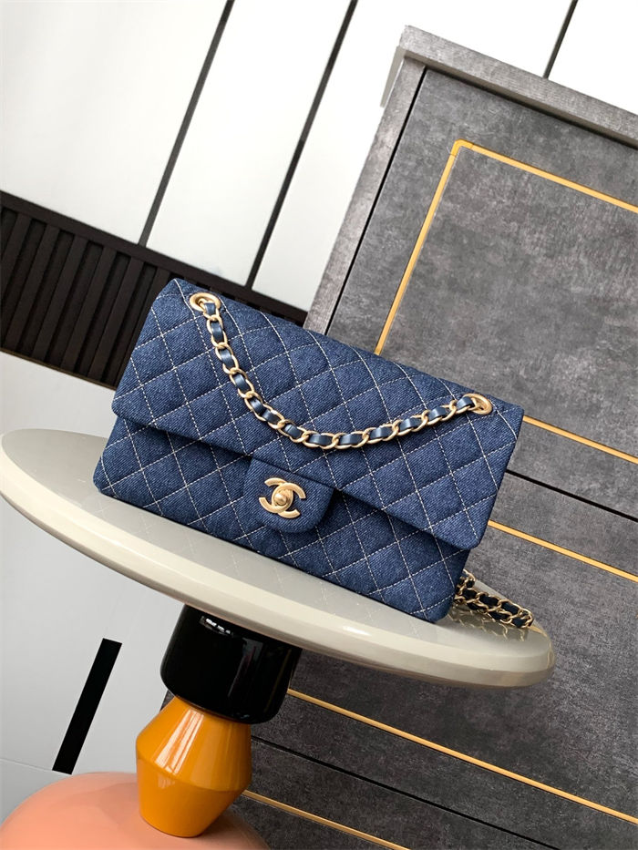 Medium CLASSIC HANDBAG Denim Gold Metal A