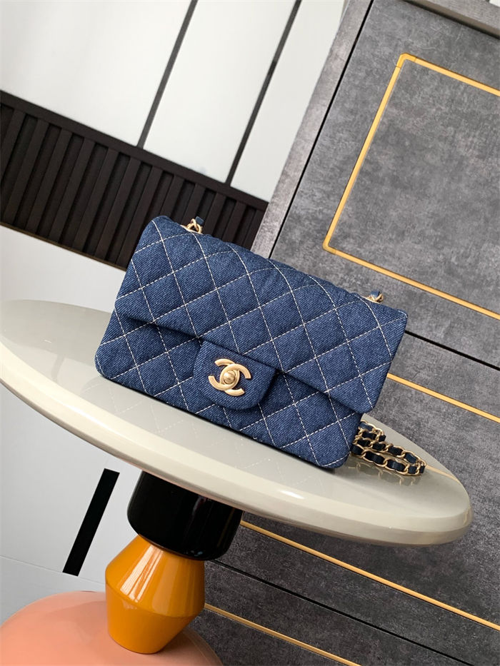 Mini CLASSIC HANDBAG Denim Gold Metal  A